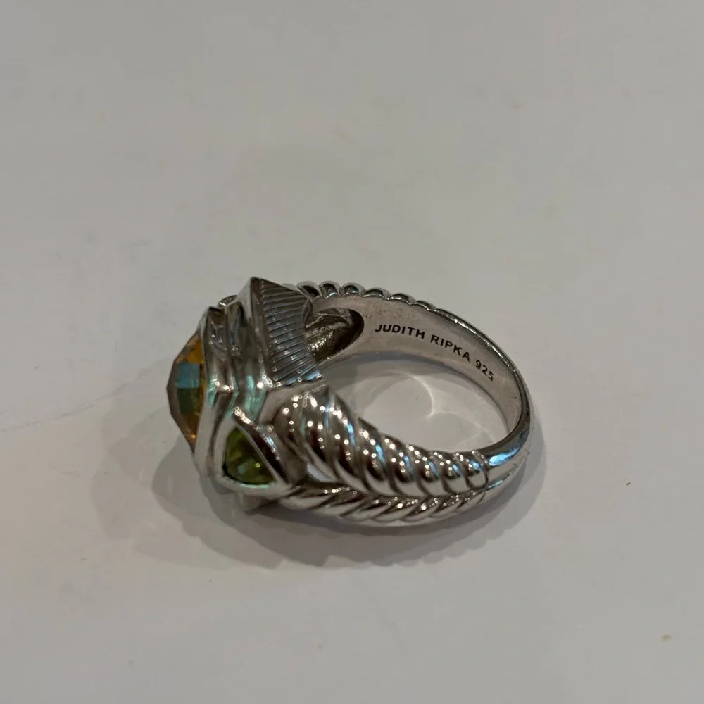 Judith Ripka Sterling, Citrine & peridot. Cushion-cut, triangle accents. SZ 7.5 - Picture 2 of 5